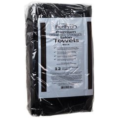 ForPro Premium Bleach Tough Towels Black with hemmed edges show long-lasting durability under heavy washing.
