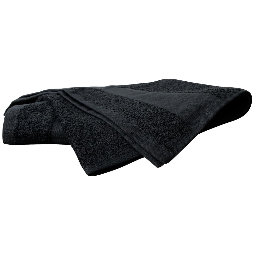 ForPro Premium Bleach Tough Towels Black stacked highlight soft, absorbent cotton ready for daily use.