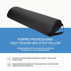 ForPro Premium Jumbo Half-Round Bolster Pillow under-ankles position illustrates knee-to-hip alignment aid.