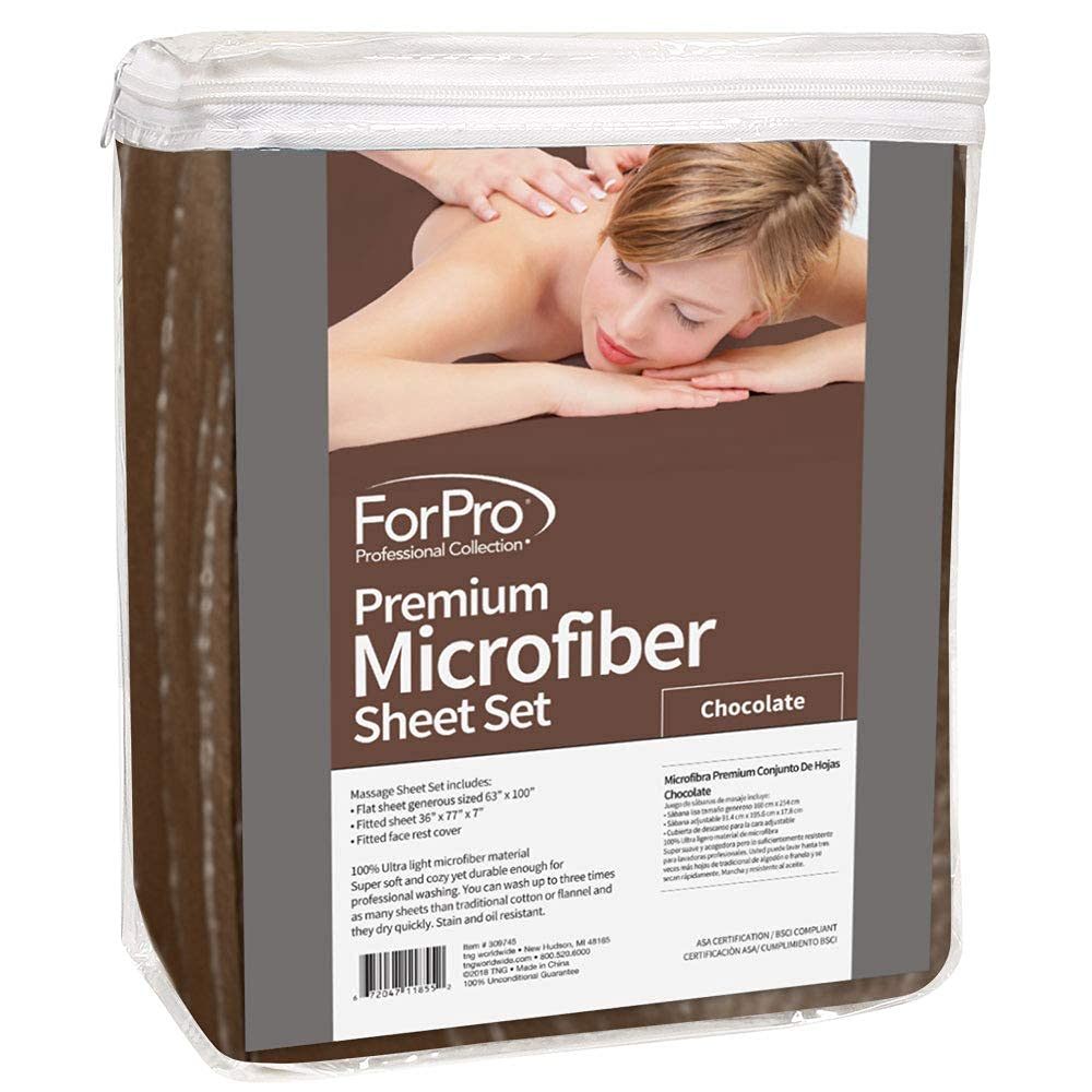 ForPro Professional Collection premium microfiber fitted sheet in chocolate provides secure fit on standard massage tables.