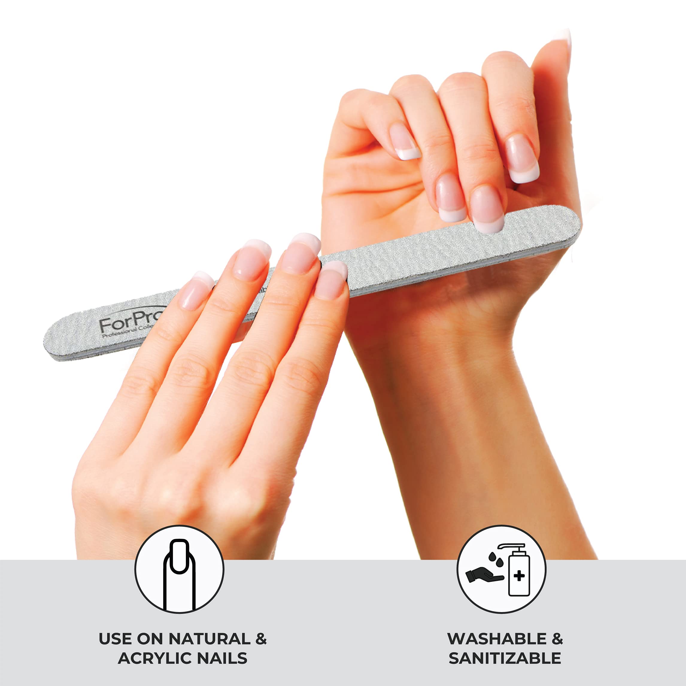 ForPro Zebra 7-inch nail file in use on natural and acrylic nails