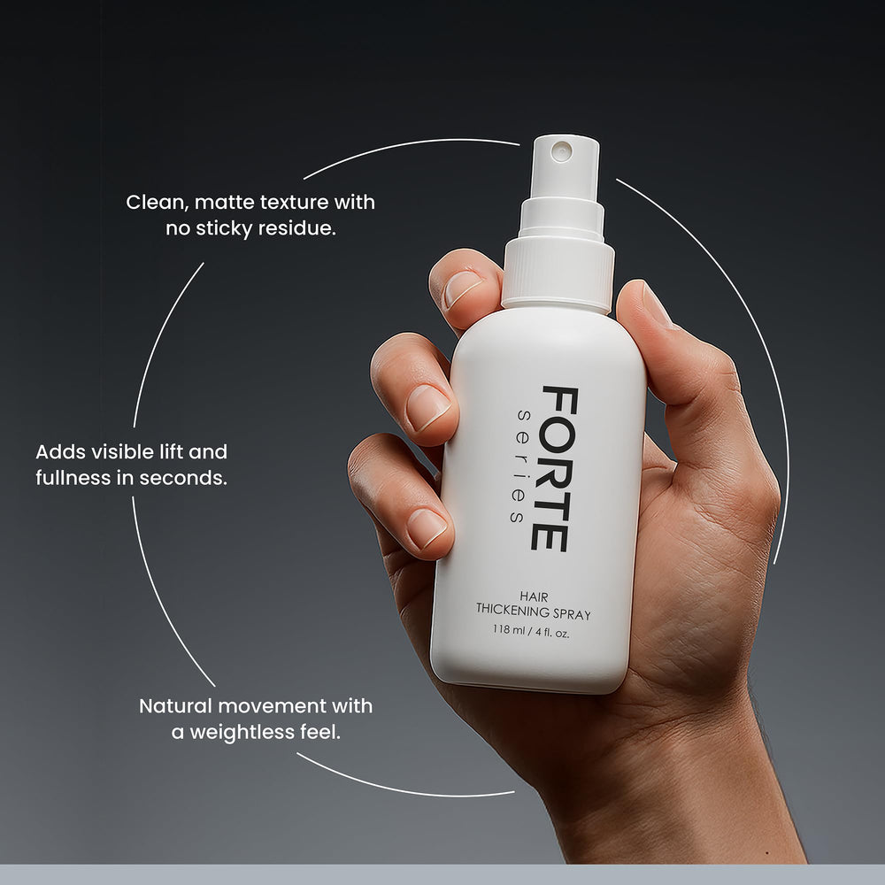 Forte Series thickening spray root application demonstrates lift at the hairline.