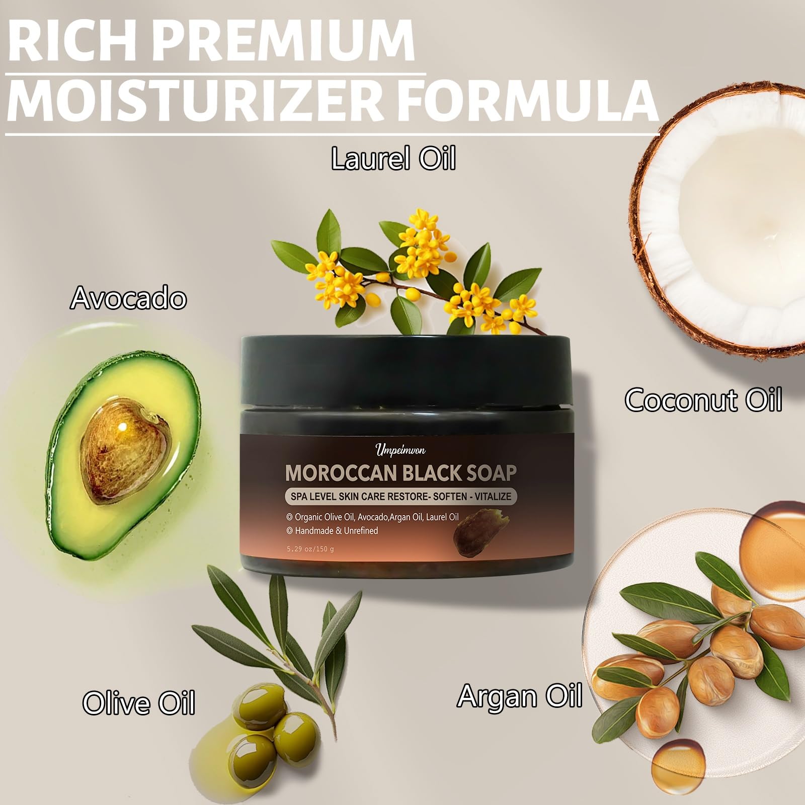 Forvirness Handcrafted Moroccan soap ingredients showcase premium oils.
