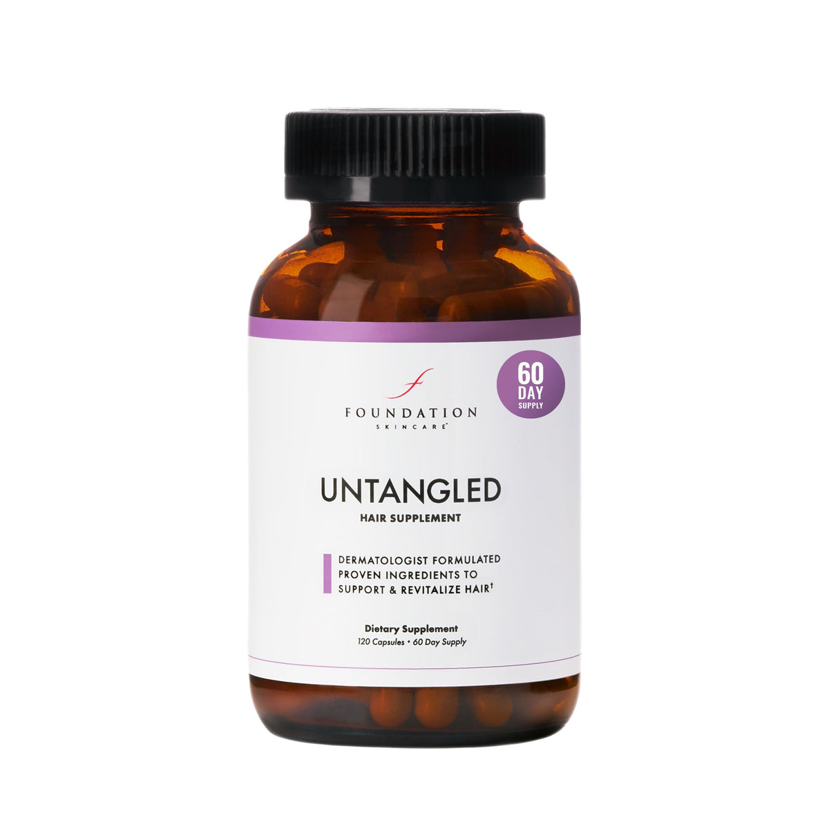 Foundation Skincare UnTangled Hair Vitamins bottle showcasing a 60-day supply for fuller hair