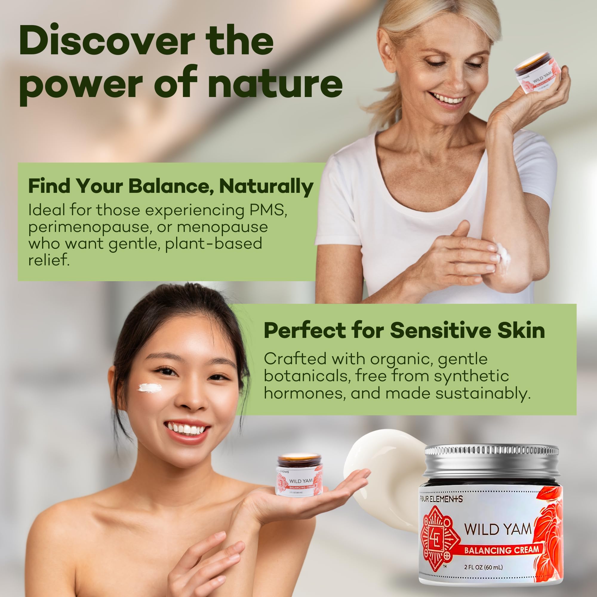 Four Elements 4E Wild Yam cream jar close-up showcasing texture and potently natural formula.