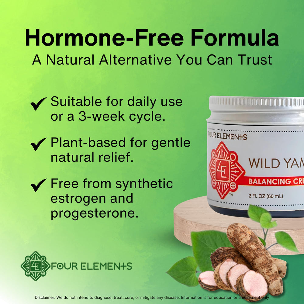 Four Elements 4E Wild Yam scent blends rose geranium and clary sage for a calming aroma.