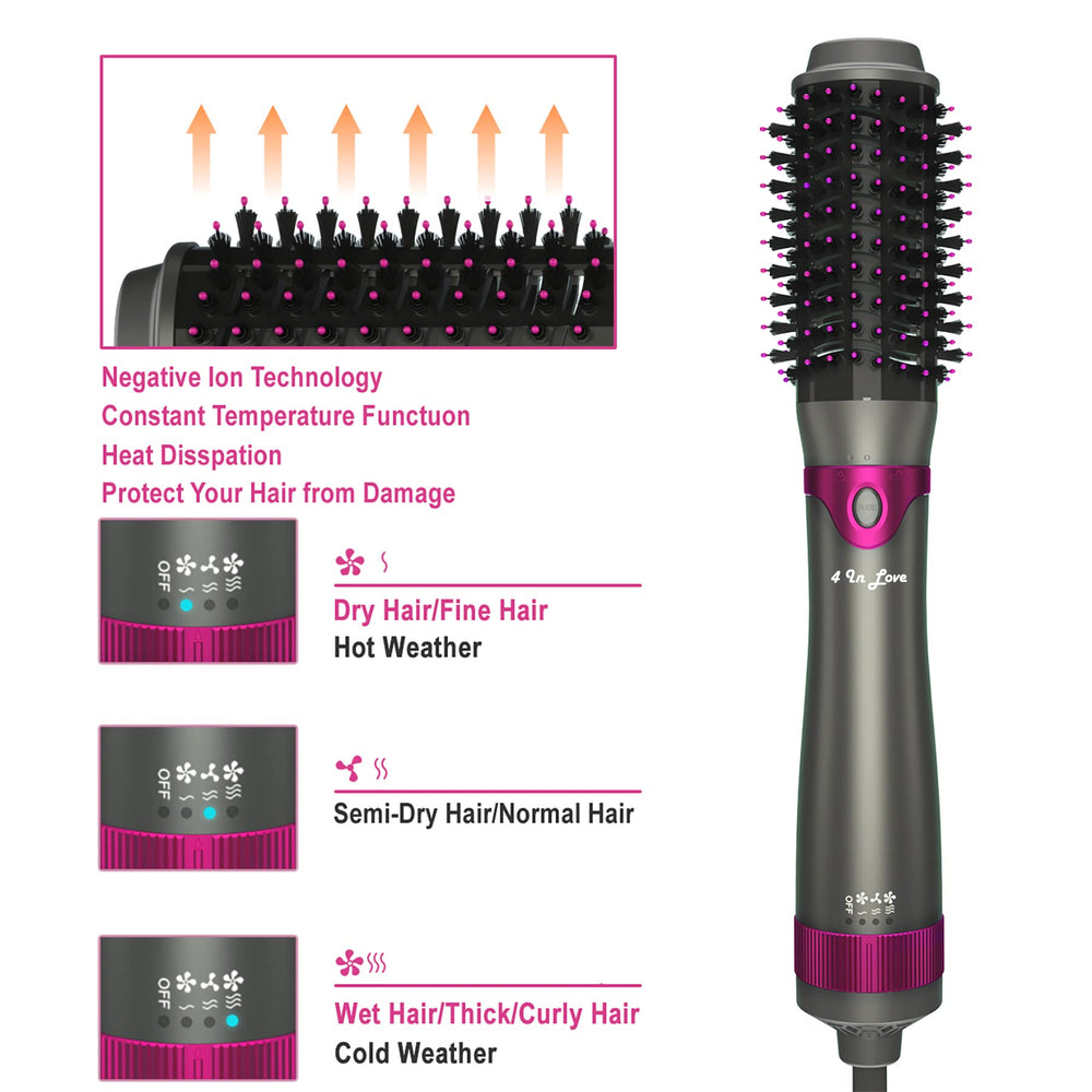 4 IN LOVE hair-blow-dryer brush with 3 heat and 2 speeds for customization.