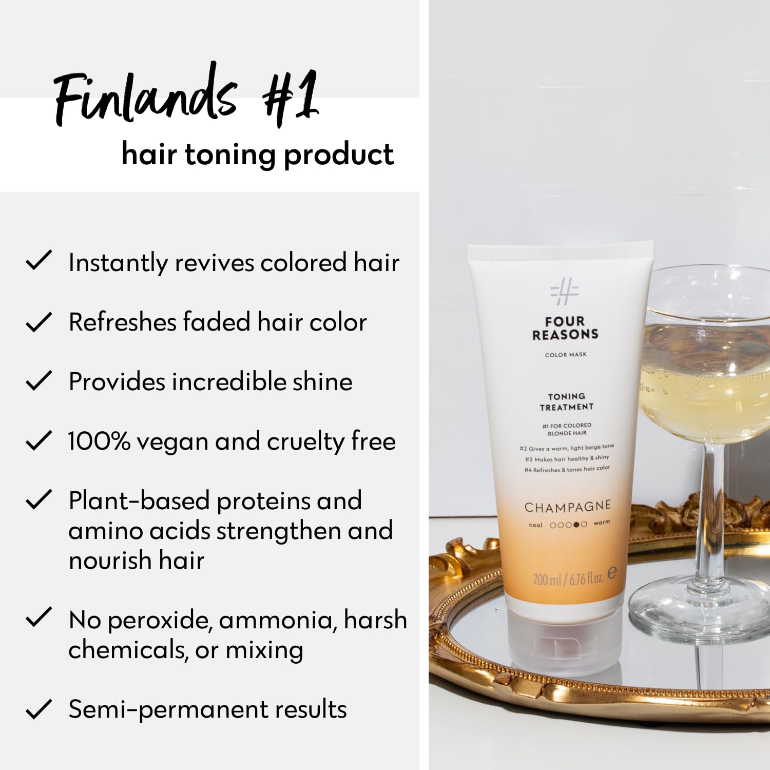 Four Reasons Color Mask Champagne Blonde before after suggests brassy-free results with warm beige glow.