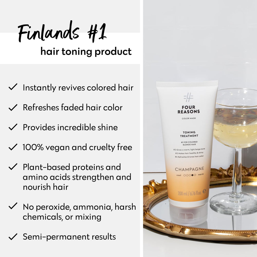 Four Reasons Color Mask Champagne Blonde before after suggests brassy-free results with warm beige glow.