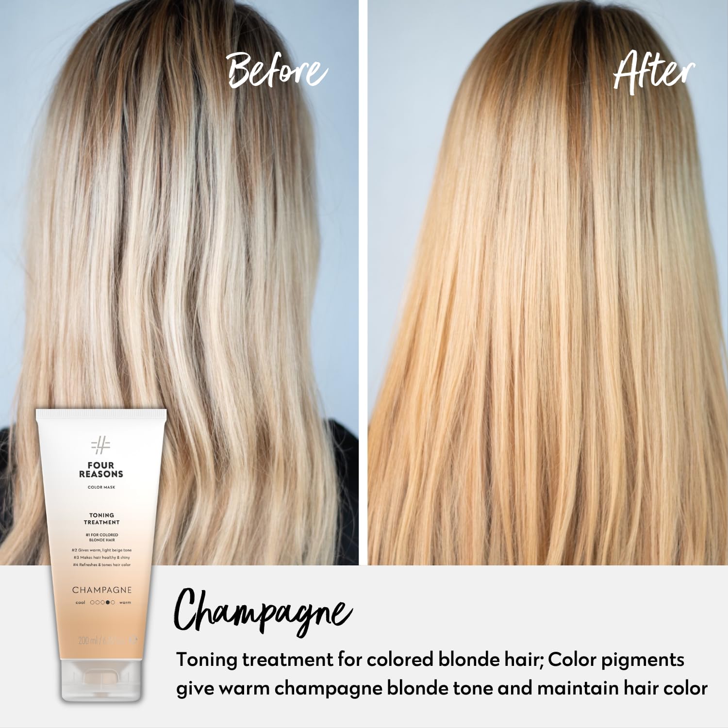 Four Reasons Color Mask Champagne Blonde swatches show how lighter hair intensifies champagne hue.