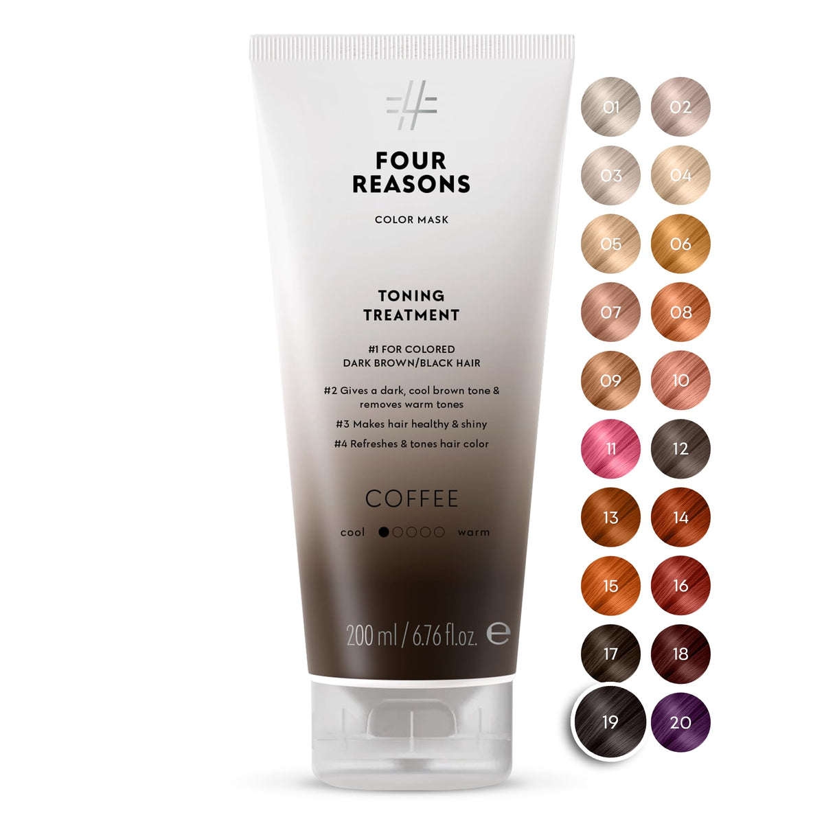 Four Reasons Color Mask Coffee bottle closeup showing vibrant semi-permanent color for dark hair