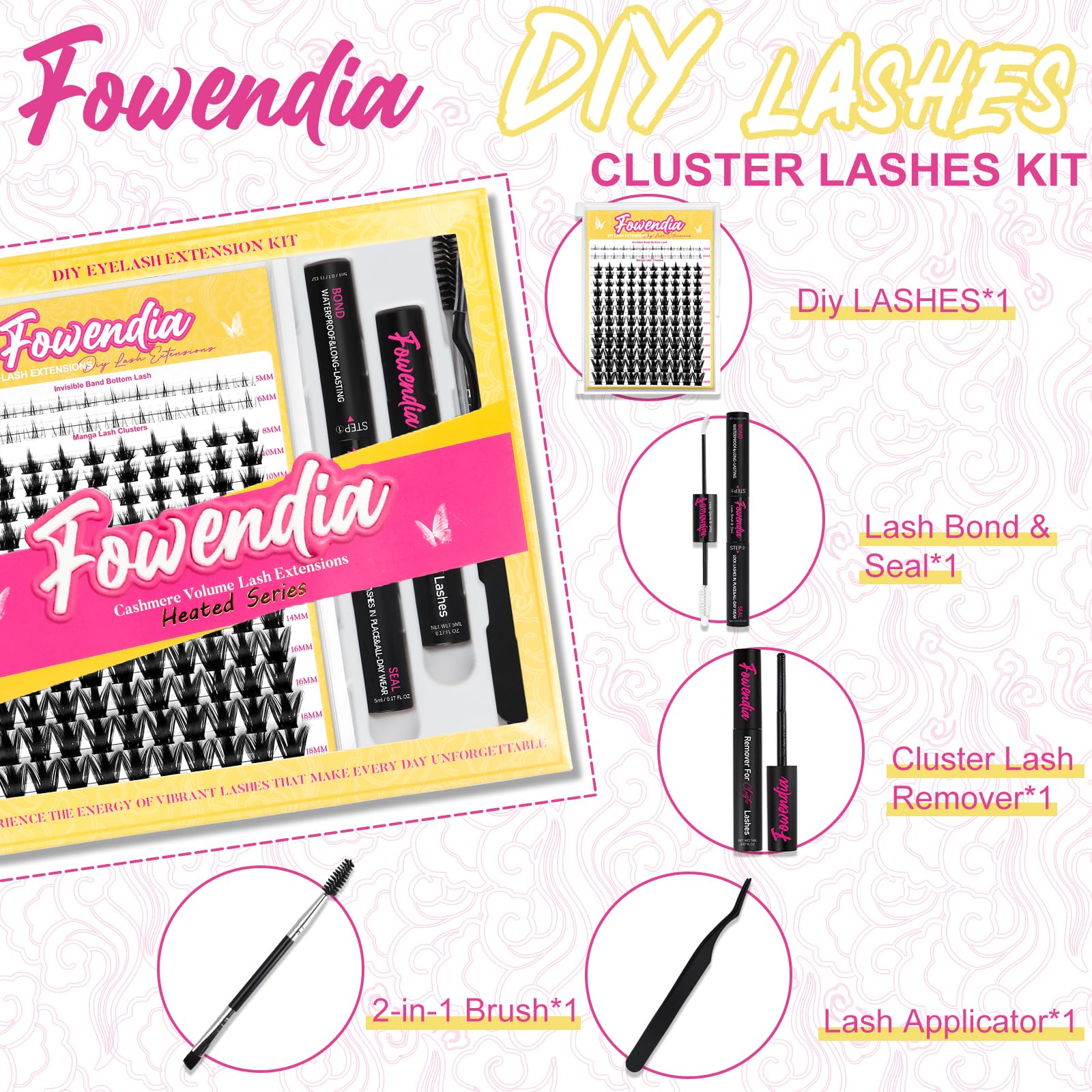 Fowendia DIY lash extension steps show simple cluster application.