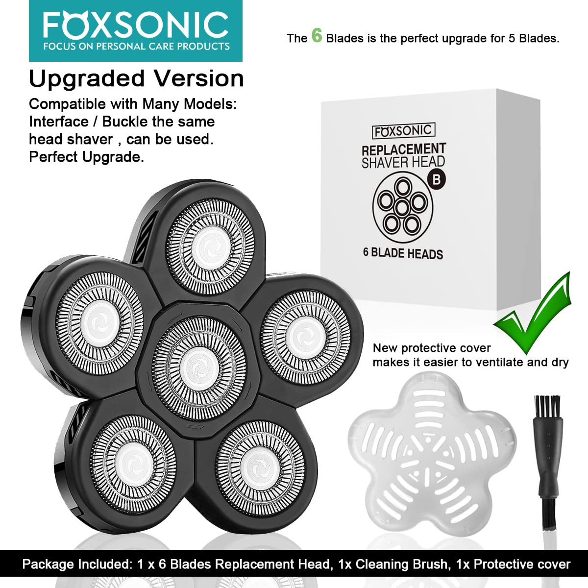 foxsonic 6-blade head close-up edges demonstrates precise cutting for smooth results