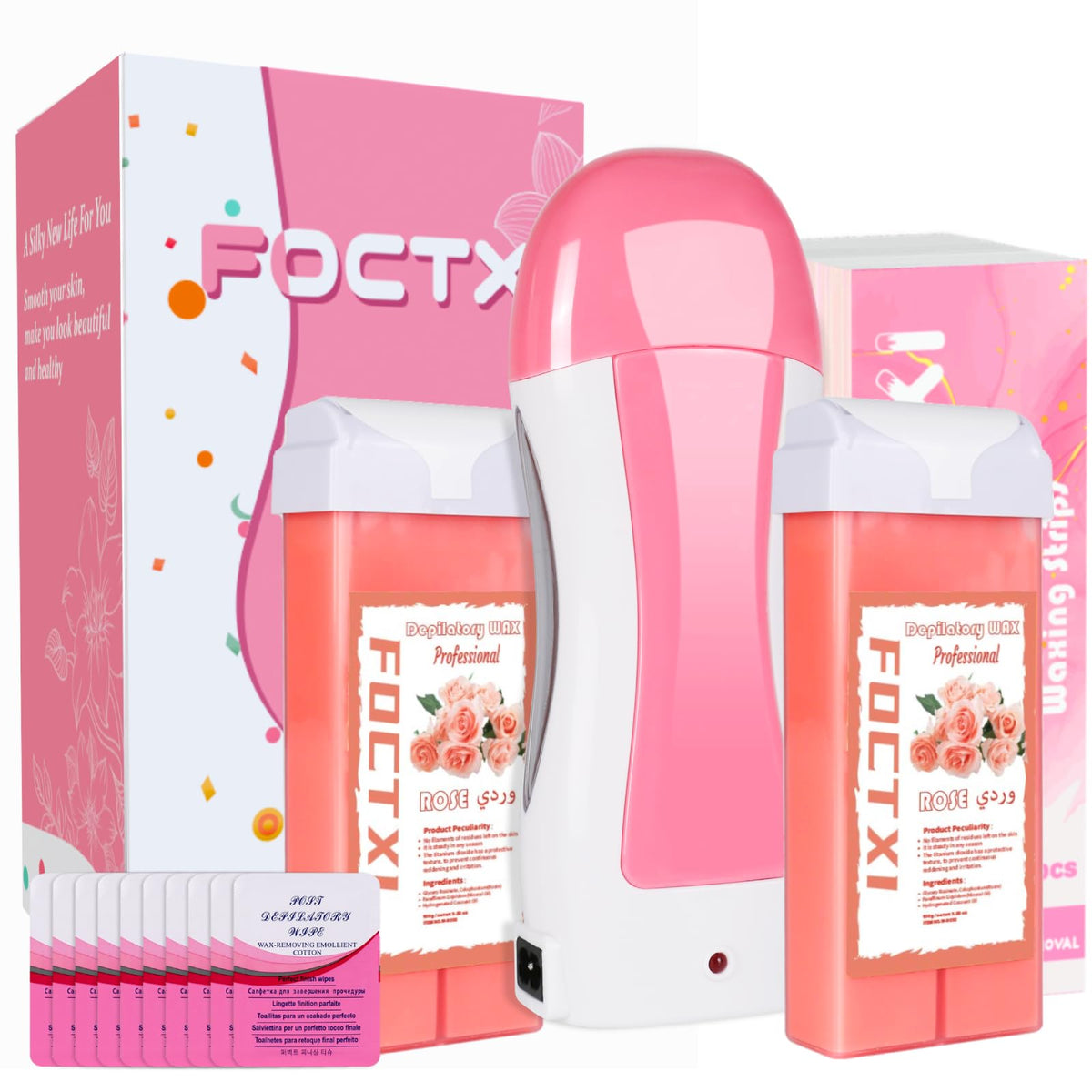 FOCTXI Hair Removal Kit roller highlights fast, even wax melting for smoother sessions.
