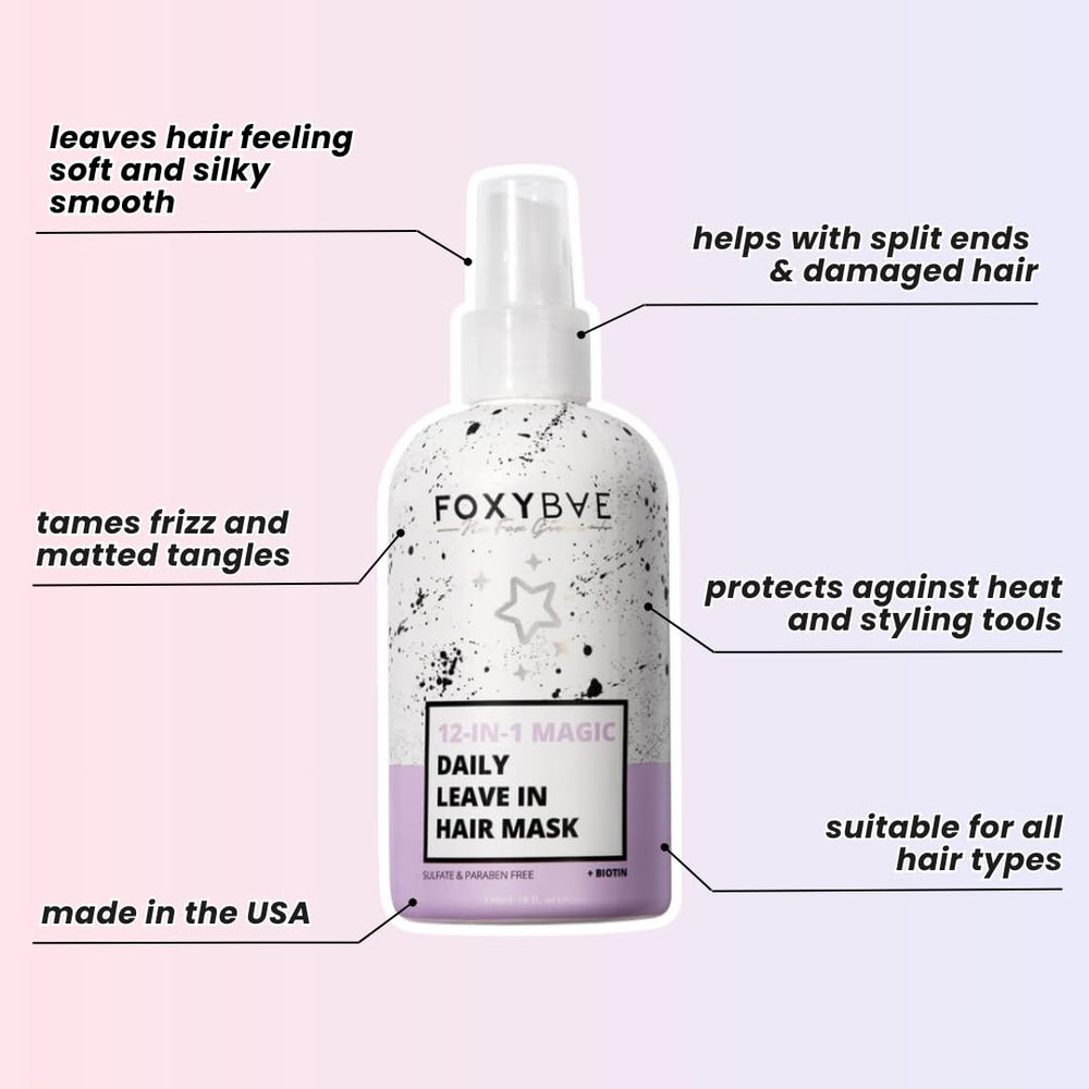 FoxyBae Hair Mask bottle pouring emphasis on overnight treatment and leave-in conditioning.