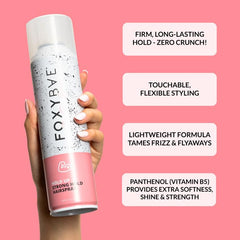 FoxyBae Hair Spray label detail shows biotin and meadowfoamate.
