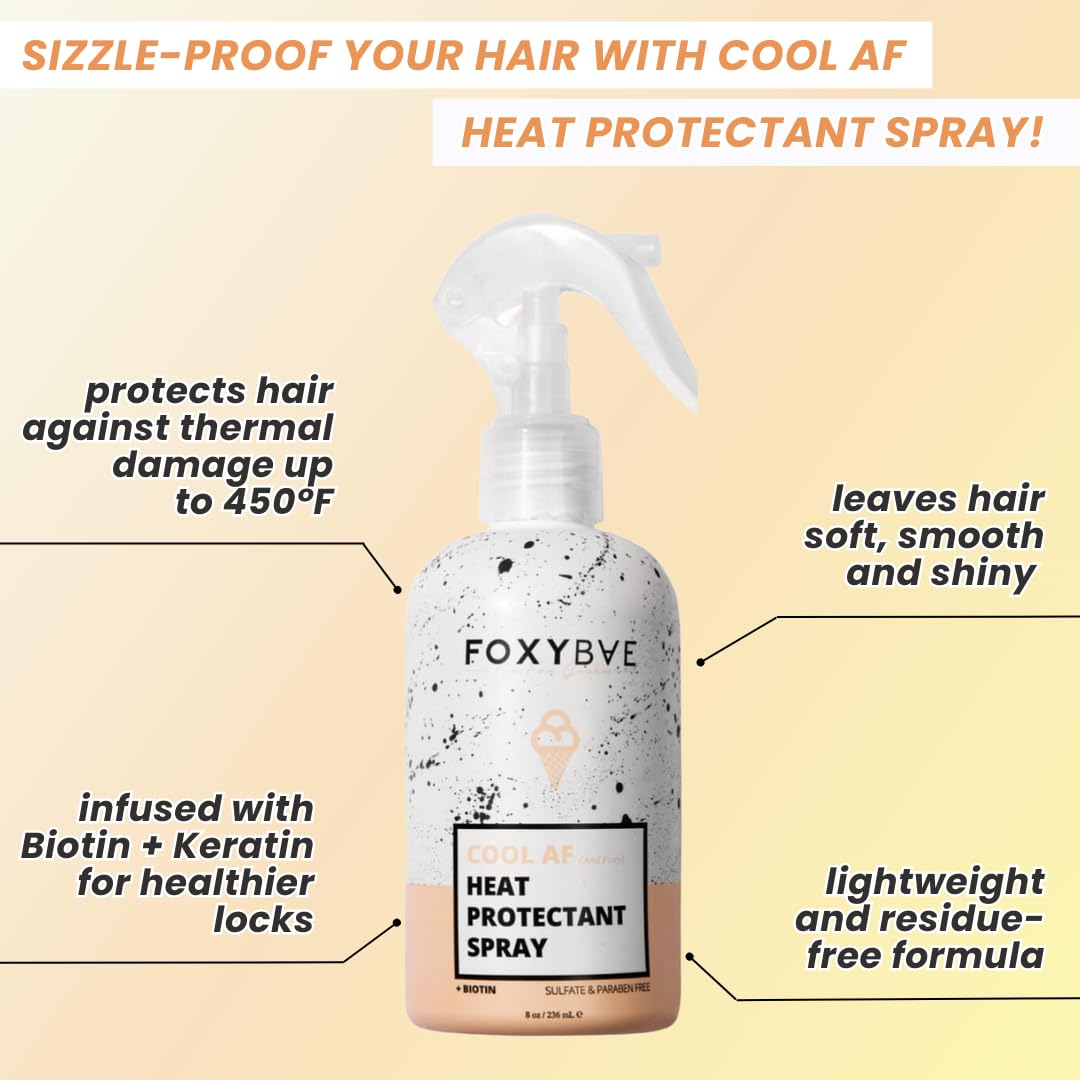 FoxyBae heat protectant spray bottle label close-up highlighting color-safe formula