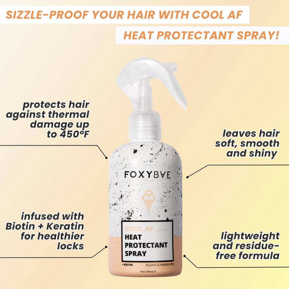 FoxyBae heat protectant spray bottle label close-up highlighting color-safe formula