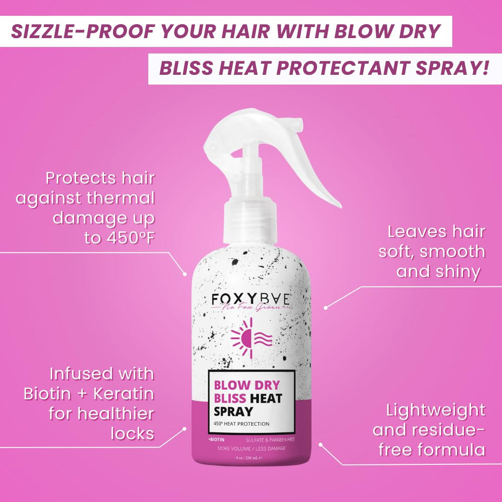 FoxyBae heat protectant spray mist disperses evenly for smooth blowouts.