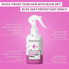FoxyBae heat protectant spray mist disperses evenly for smooth blowouts.