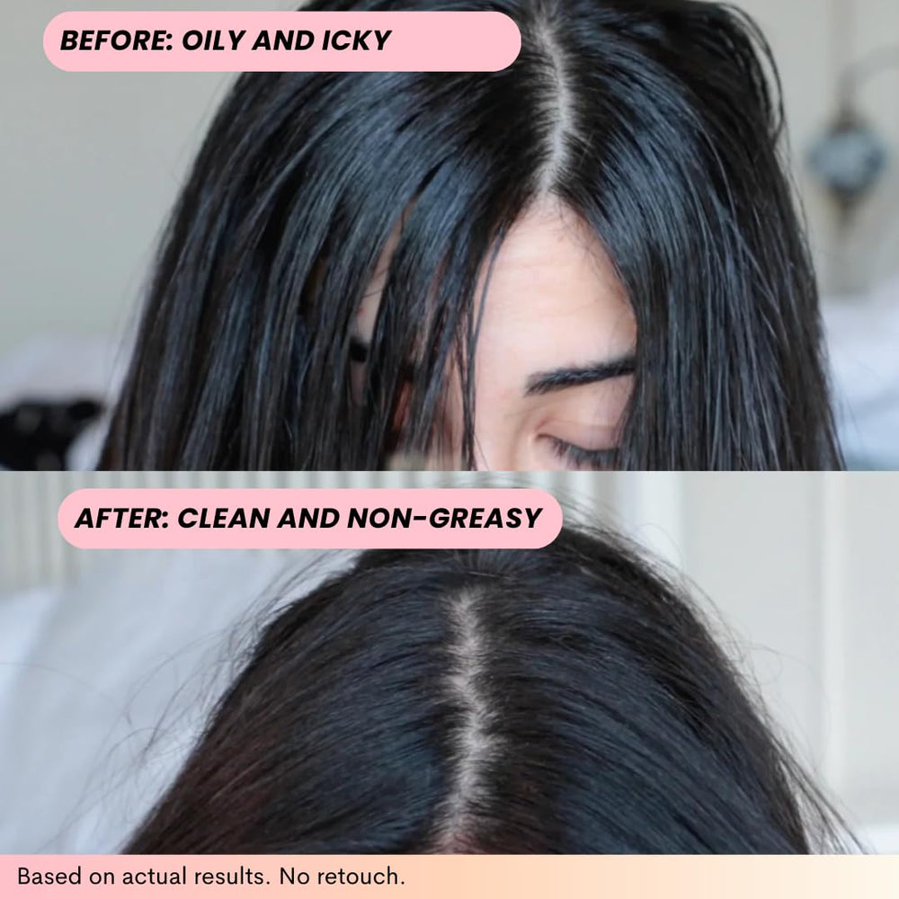 FoxyBae no-white-residue spray image emphasizes clean, powder-free look after use