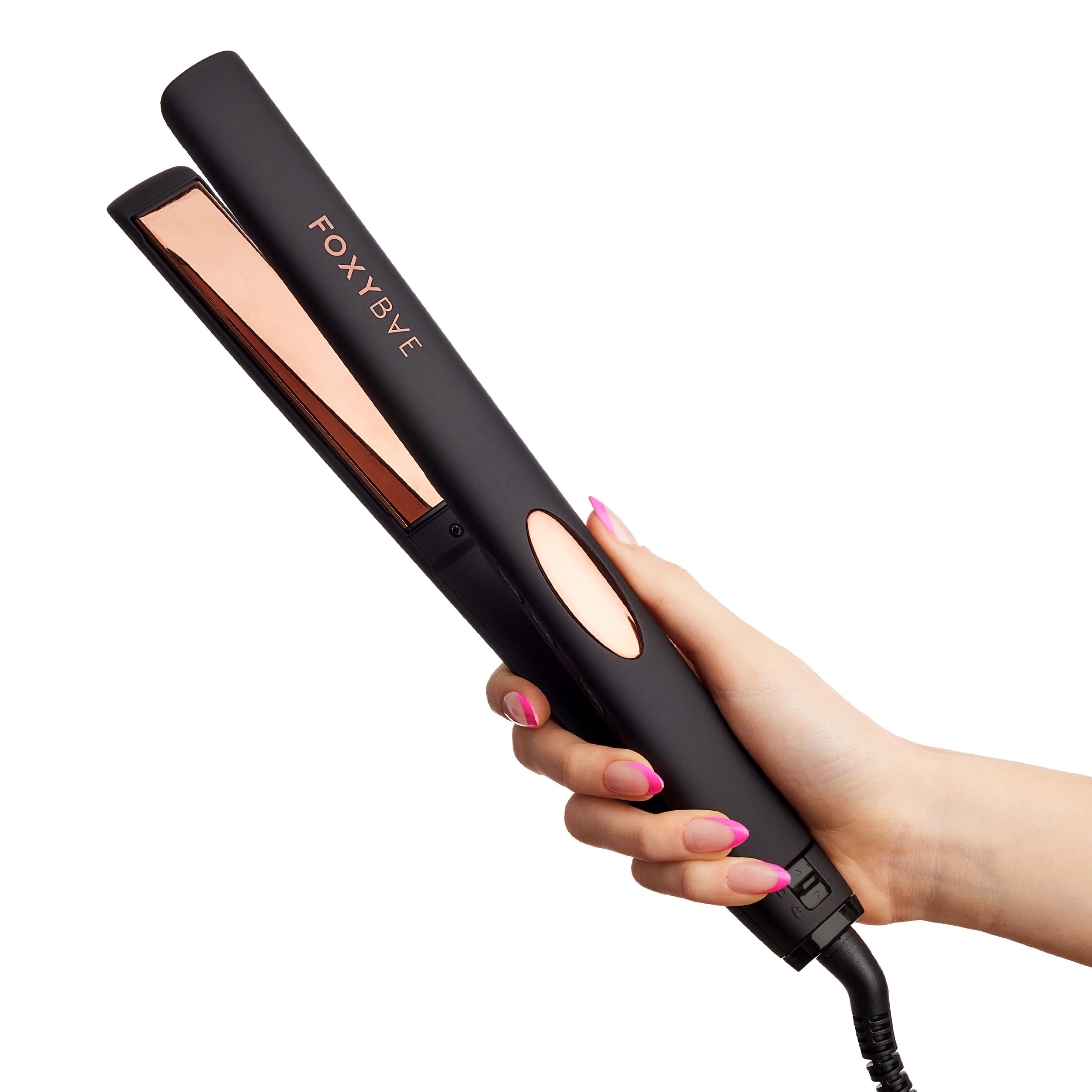 FoxyBae Trés Sleek flat iron side view shows slim profile for handling.