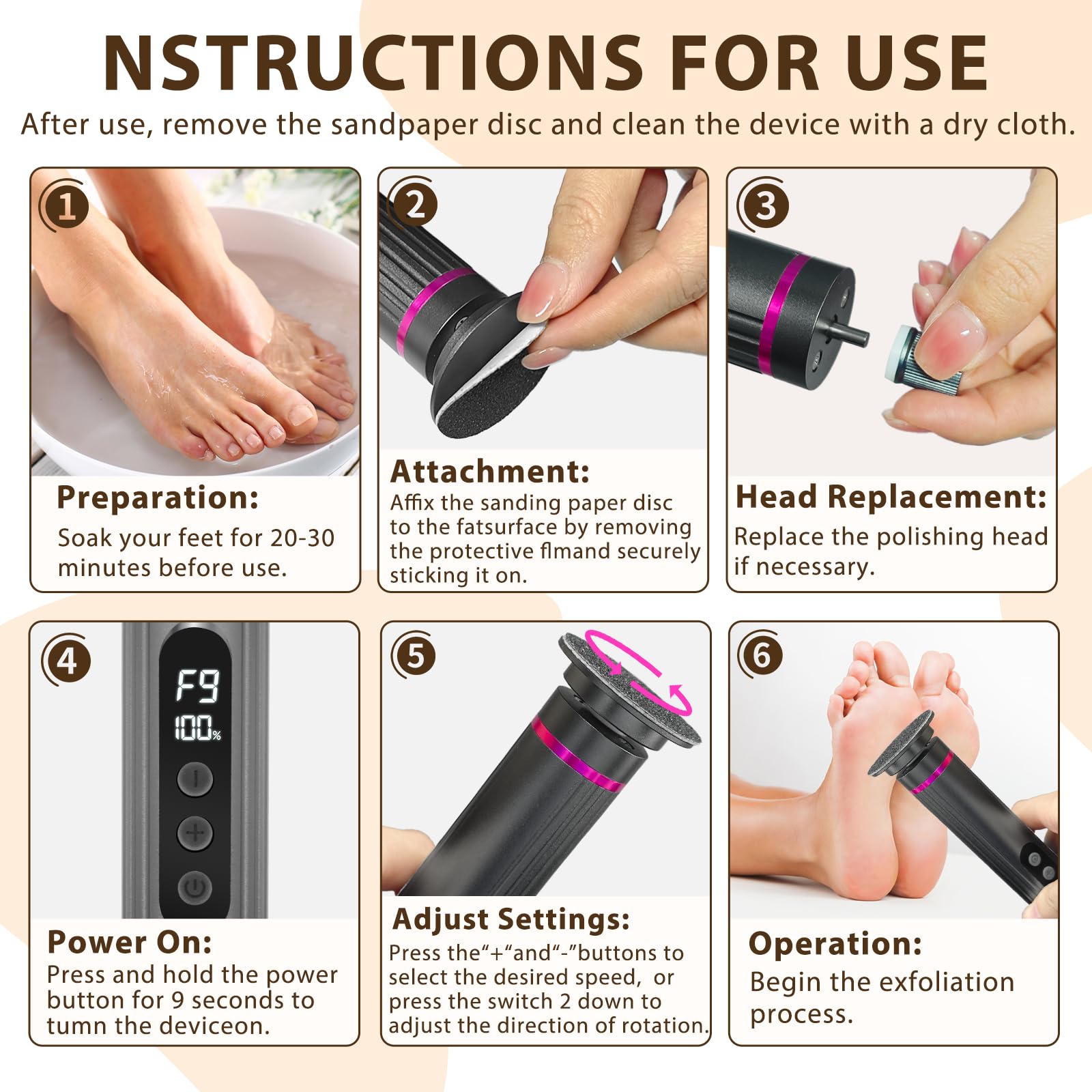 FQOIUD Cordless foot file powered by 2000mAh battery enables uninterrupted sessions.