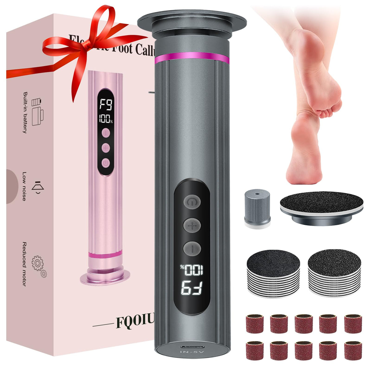 FQOIUD Electric Feet Callus Remover front view shows sleek aluminum body for a comfortable grip.