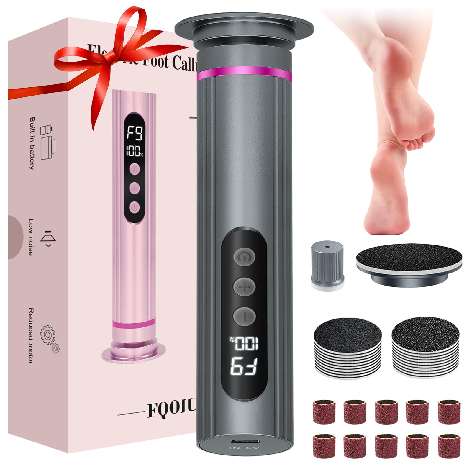 FQOIUD Electric Feet Callus Remover replaceable sandpaper discs support convenient maintenance.