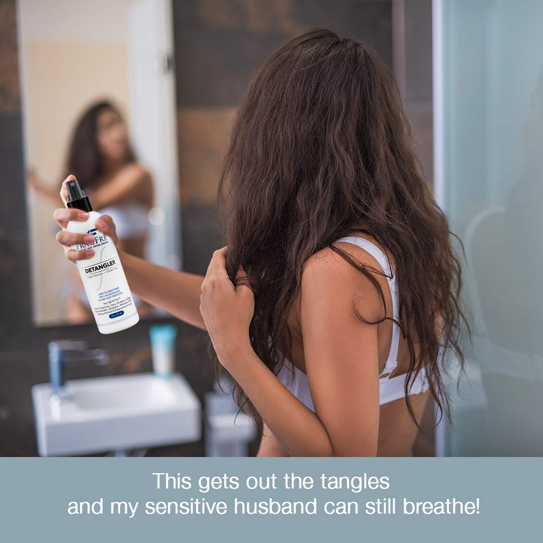 FRAGFRE detangler close-up highlighting fragrance-free formula for sensitive skin.