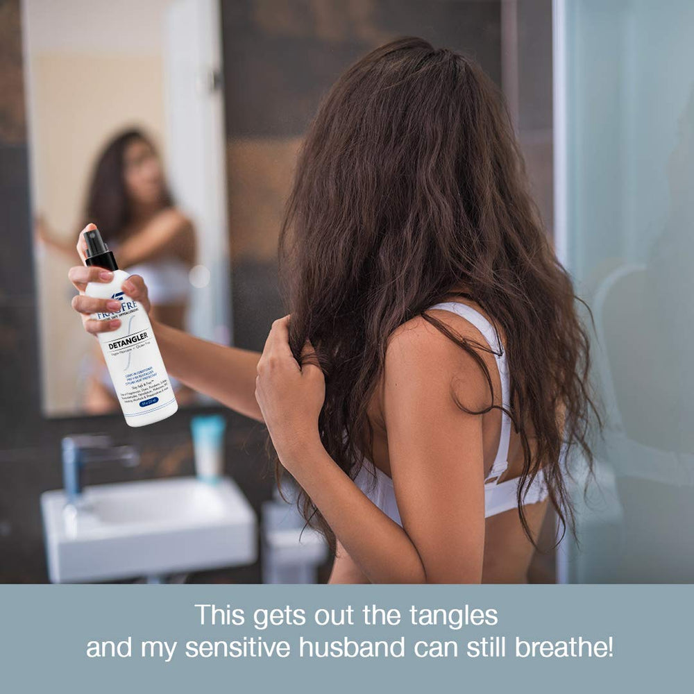 FRAGFRE detangler close-up highlighting fragrance-free formula for sensitive skin.