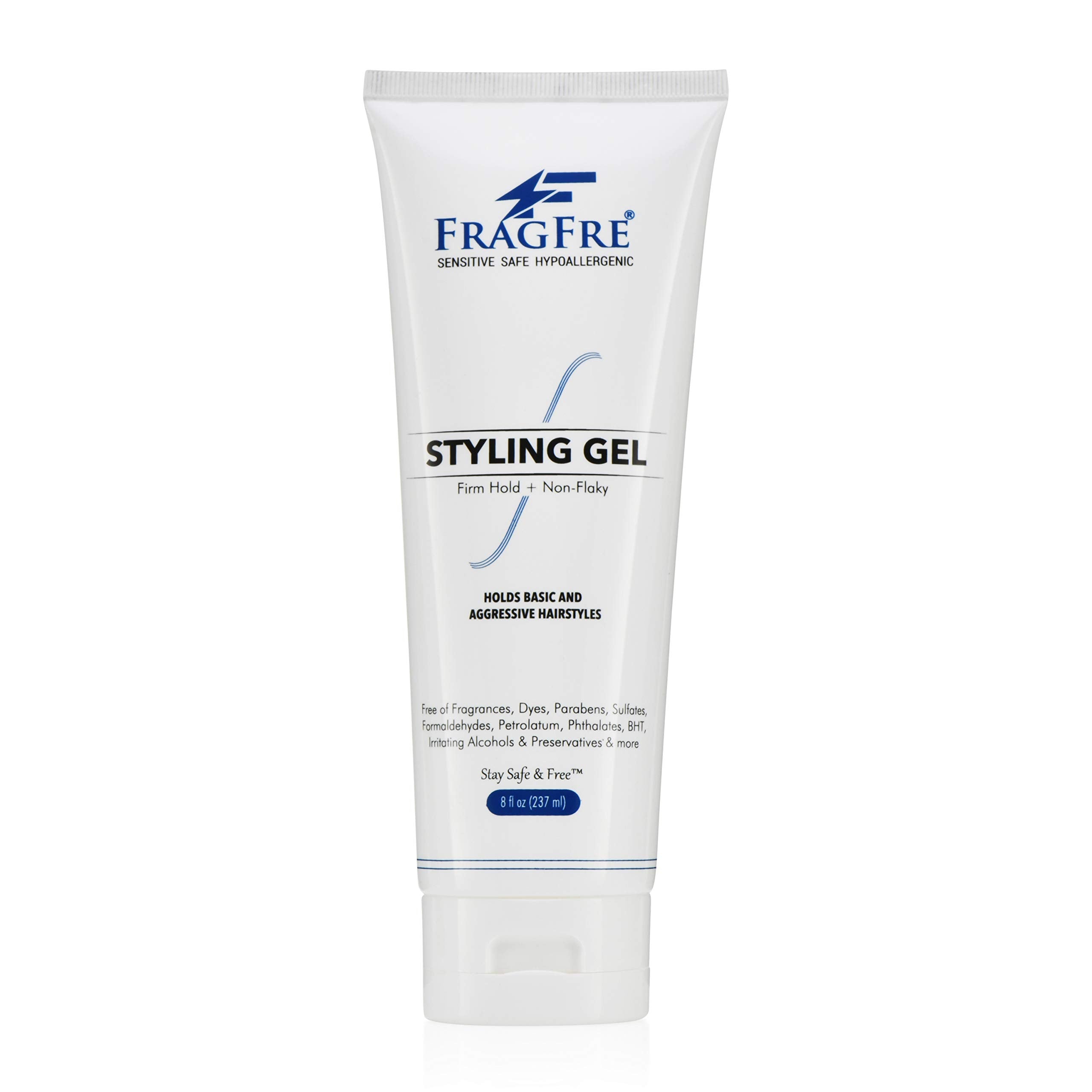 FRAGFRE Firm Hold Hair Gel unscented bottle demonstrates fragrance-free styling.