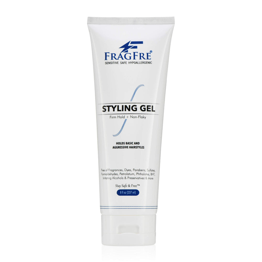 FRAGFRE Firm Hold Hair Gel unscented bottle demonstrates fragrance-free styling.