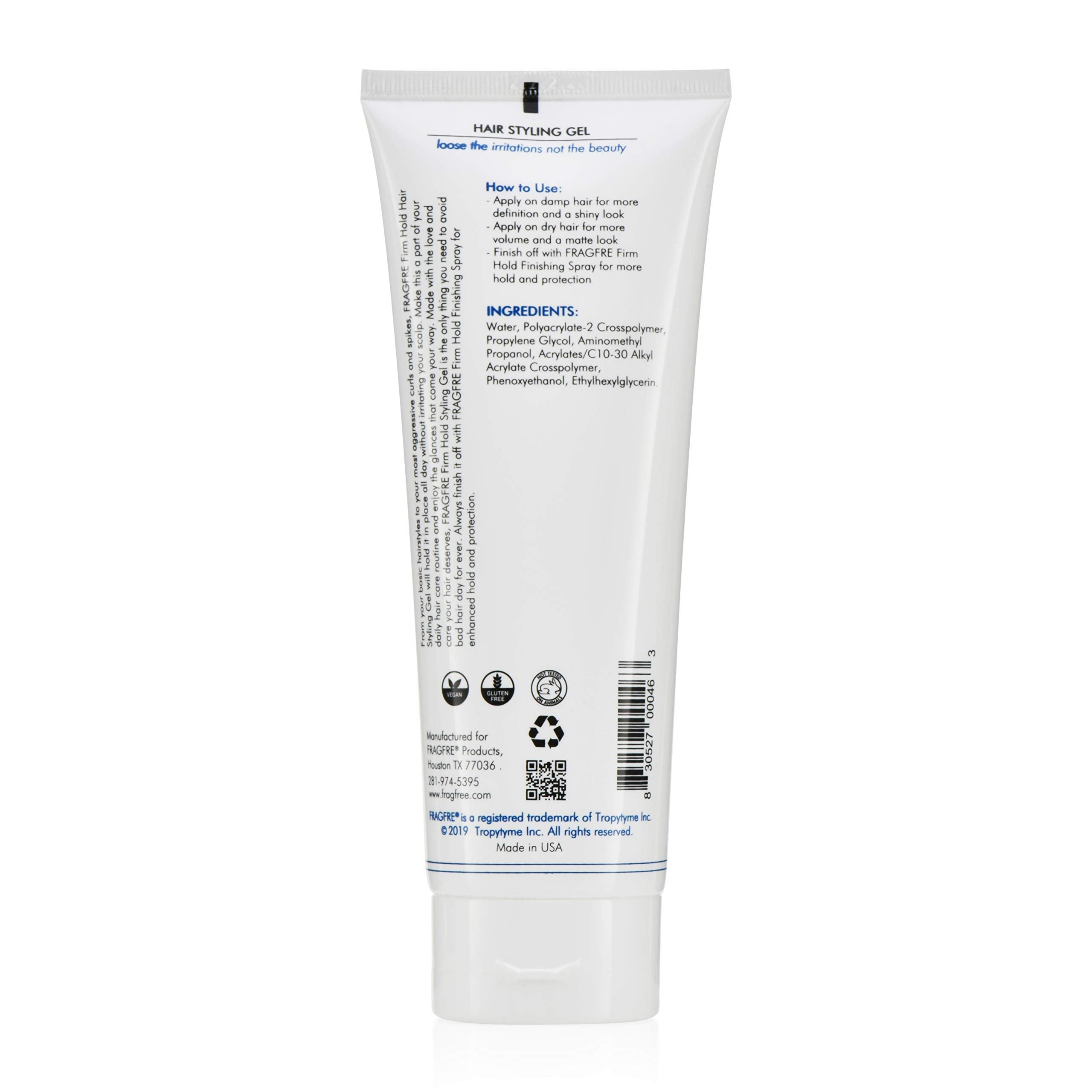 FRAGFRE Firm Hold Hair Gel vegan parabens-free ingredients support confident styling.