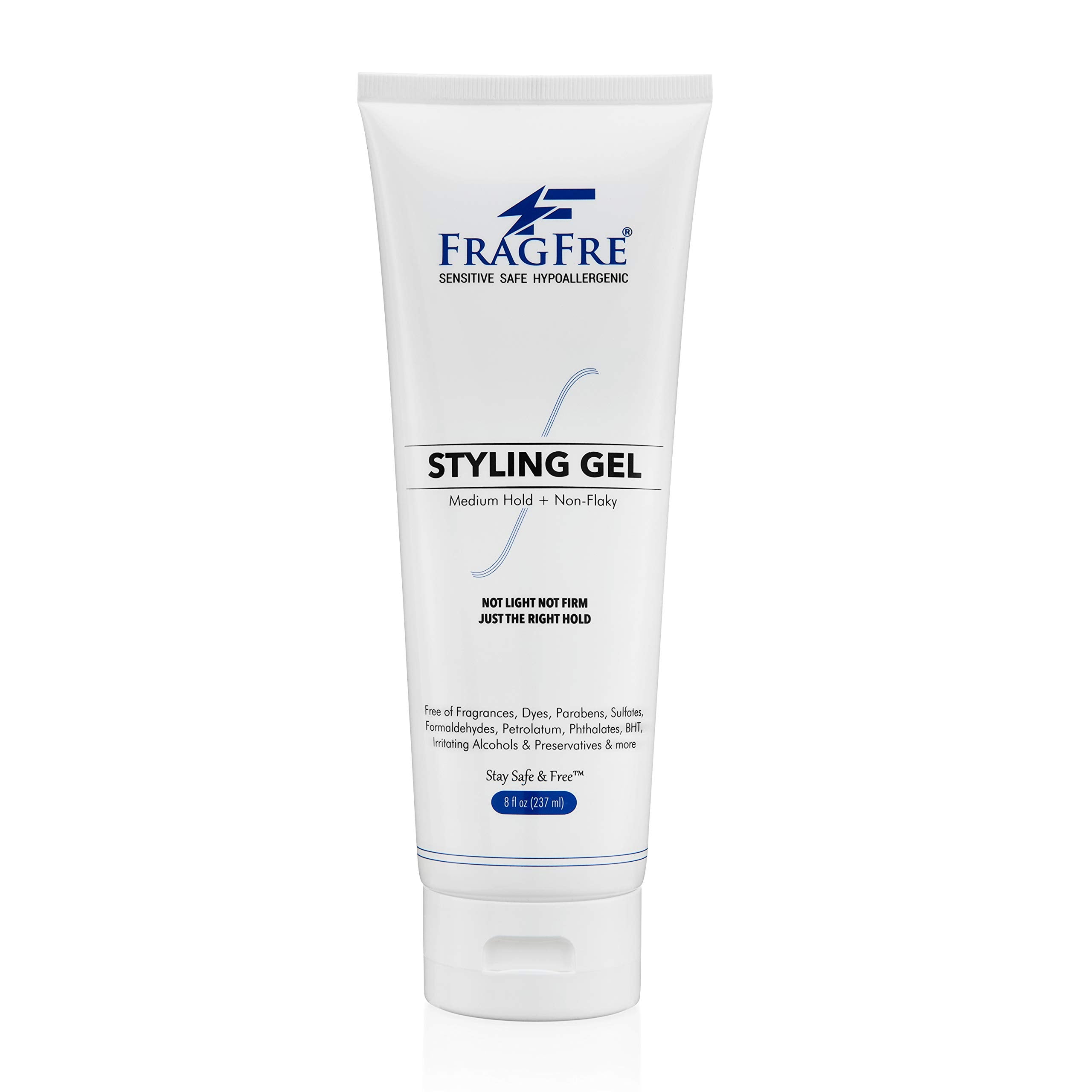 FRAGFRE fragrance-free styling gel bottle demonstrates fragrance-free formula for sensitive skin styling