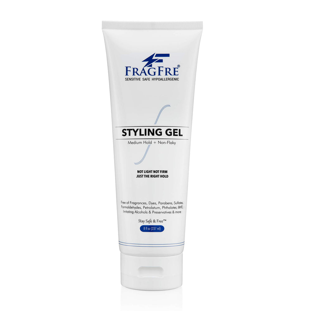 FRAGFRE fragrance-free styling gel bottle demonstrates fragrance-free formula for sensitive skin styling