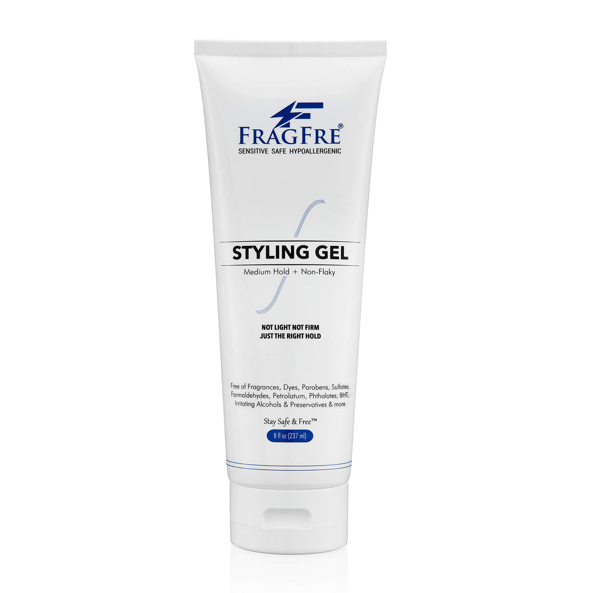 FRAGFRE fragrance-free styling gel bottle demonstrates fragrance-free formula for sensitive skin styling