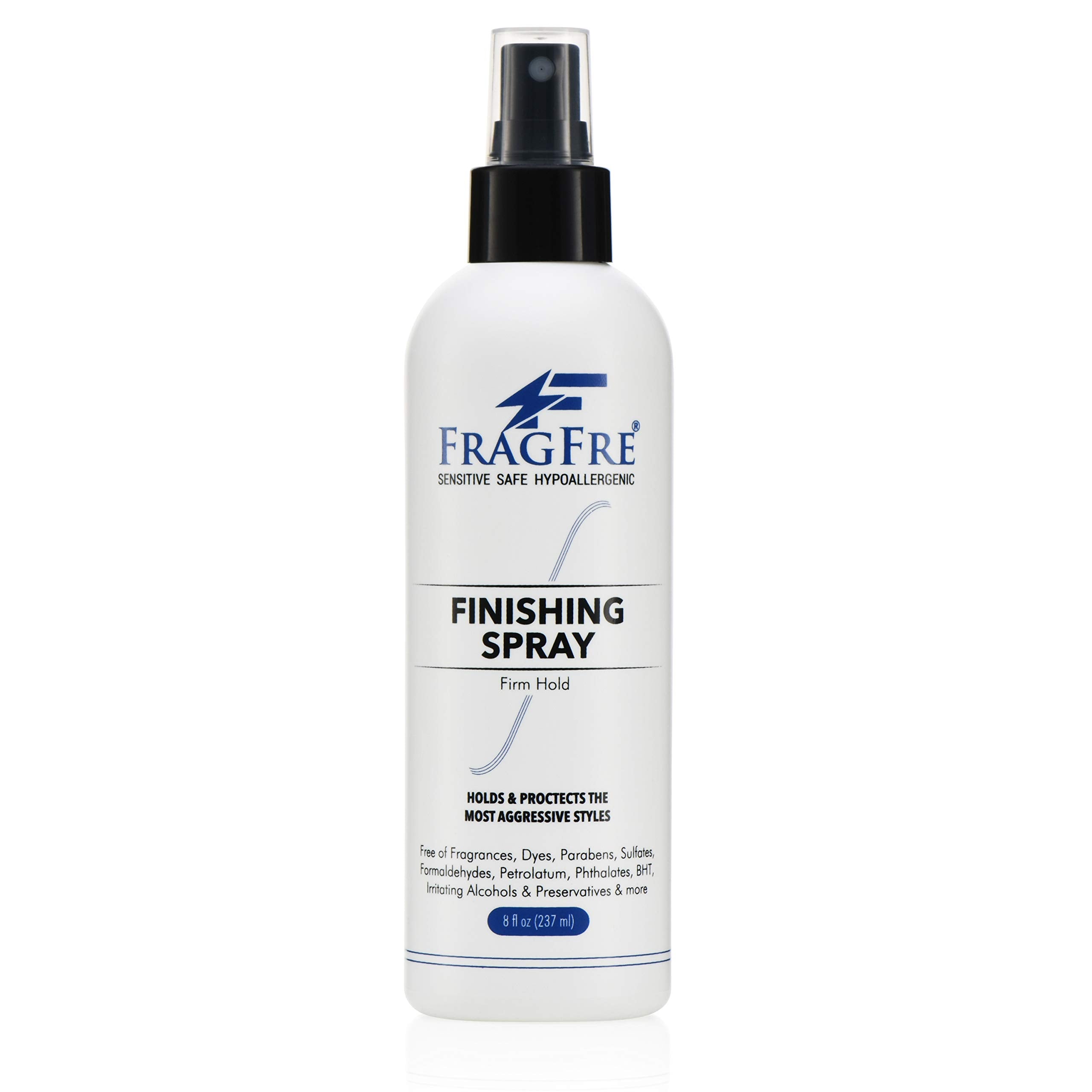 FRAGFRE hair finishing spray bottle front highlights firm hold and gloss.