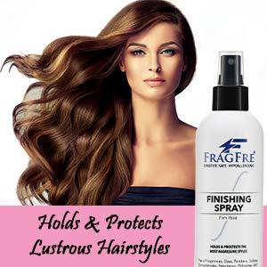 FRAGFRE hair finishing spray label close-up underscores vegan and gluten-free content.
