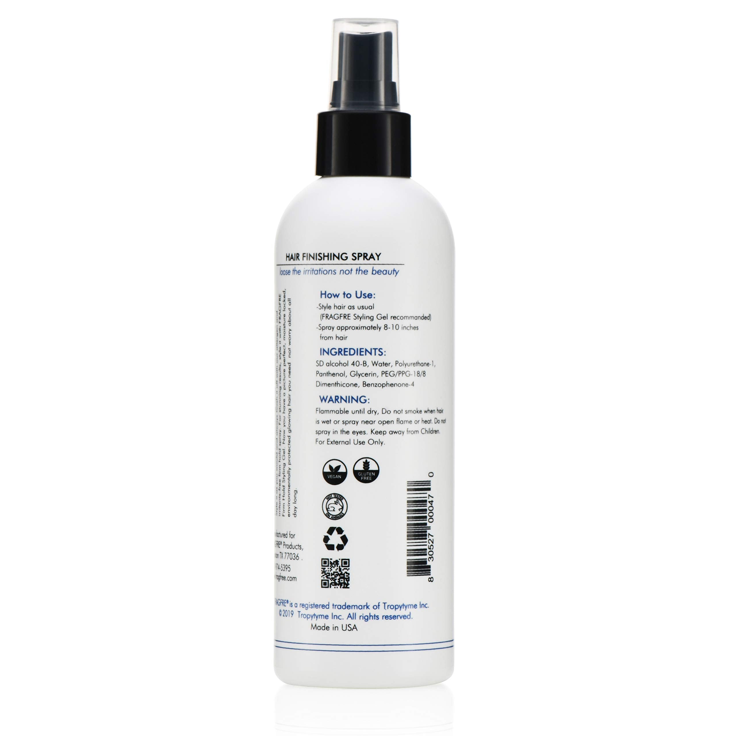 FRAGFRE hair finishing spray boxed packaging communicates fragrance-free performance.
