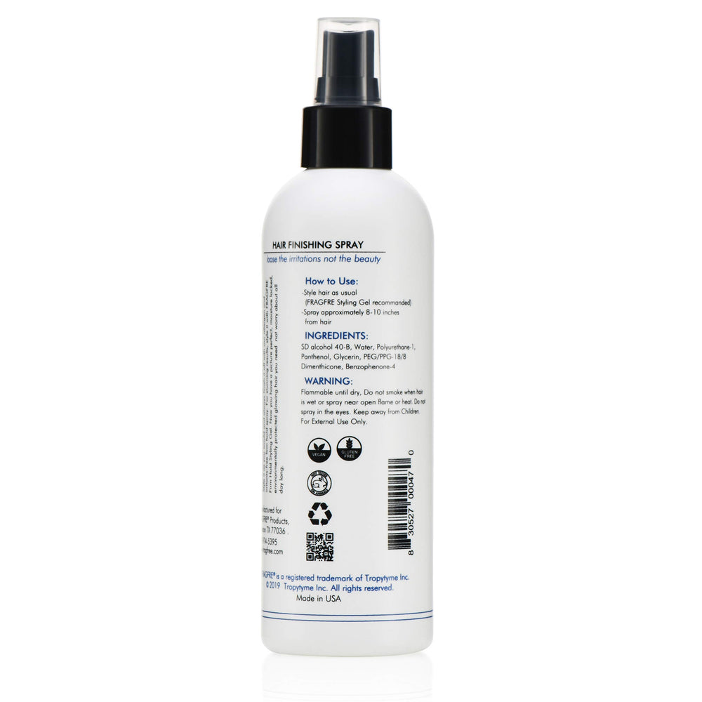 FRAGFRE hair finishing spray boxed packaging communicates fragrance-free performance.