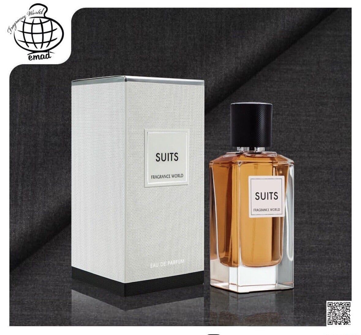 Fragrance World Suits bottle on a shelf with sleek modern design