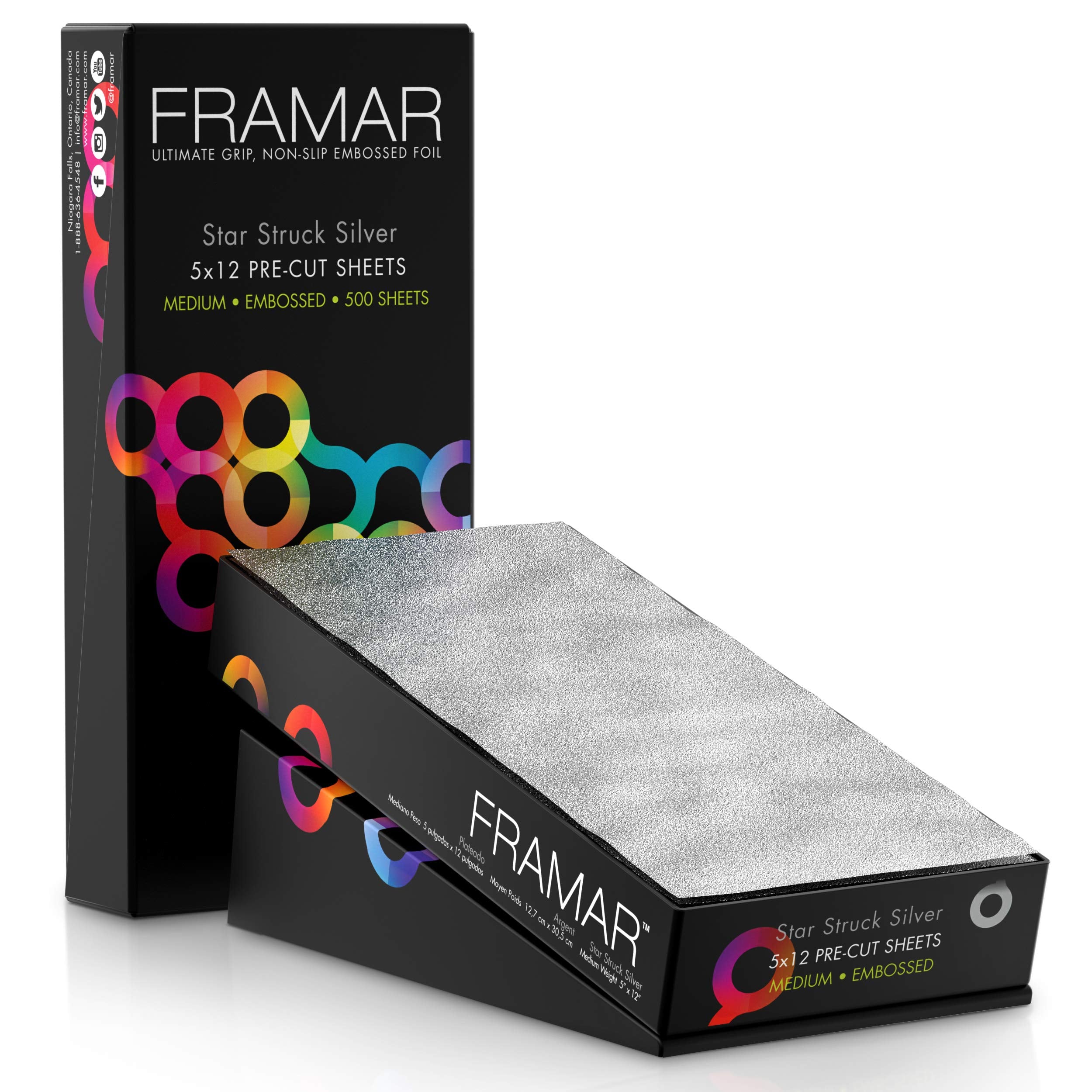 FRAMAR 5x12 silver embossed foil box with grab-and-go dispenser for highlighting.
