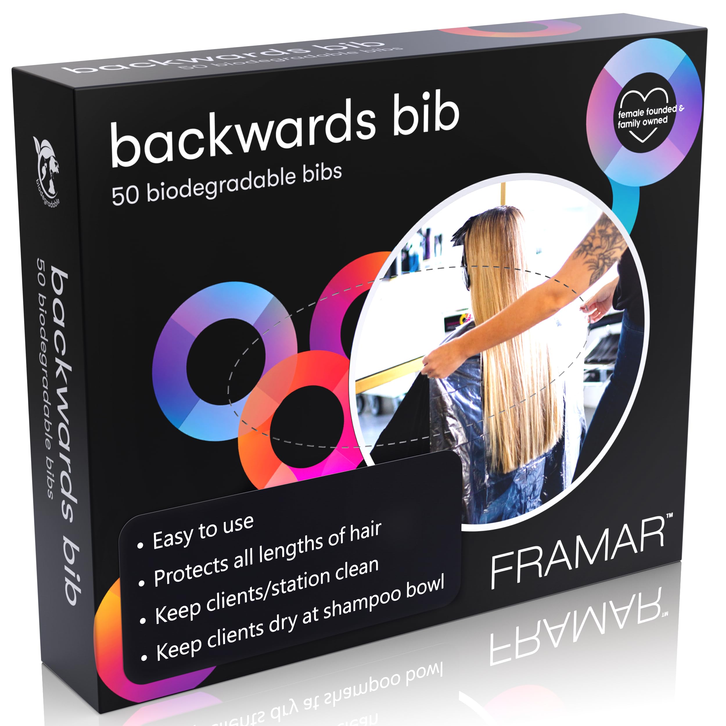 FRAMAR backwards bib disposable cape ready for precise haircuts and minimal mess.
