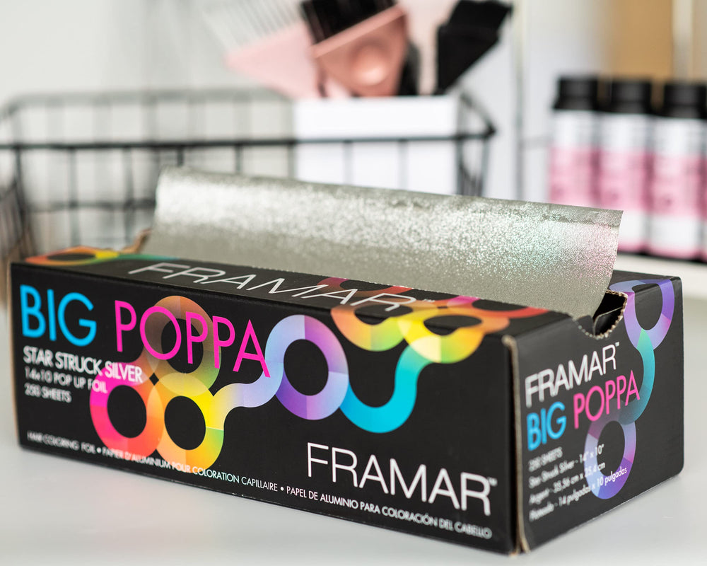 Framar Big Poppa Silver packaging highlights premium hair color supplies in a box.