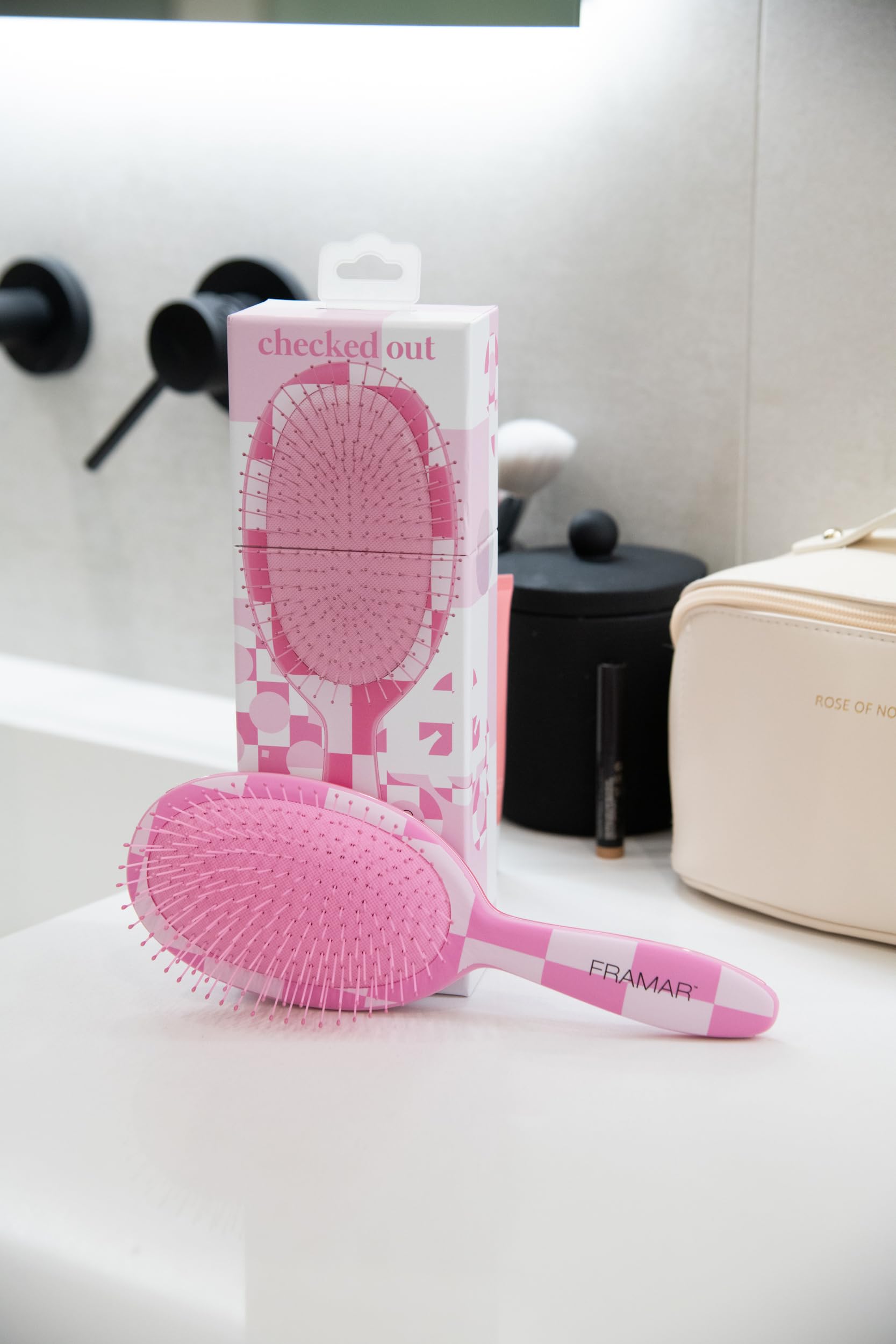 Framar checkered design adds stylish flair to vanity and bags
