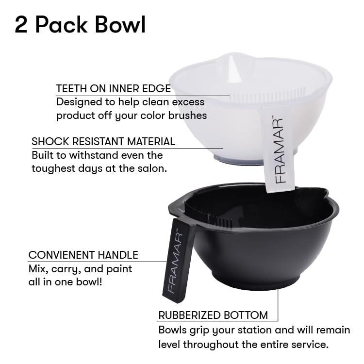 Framar Color Bowl features brush-cleaner teeth for removing excess color from brushes.