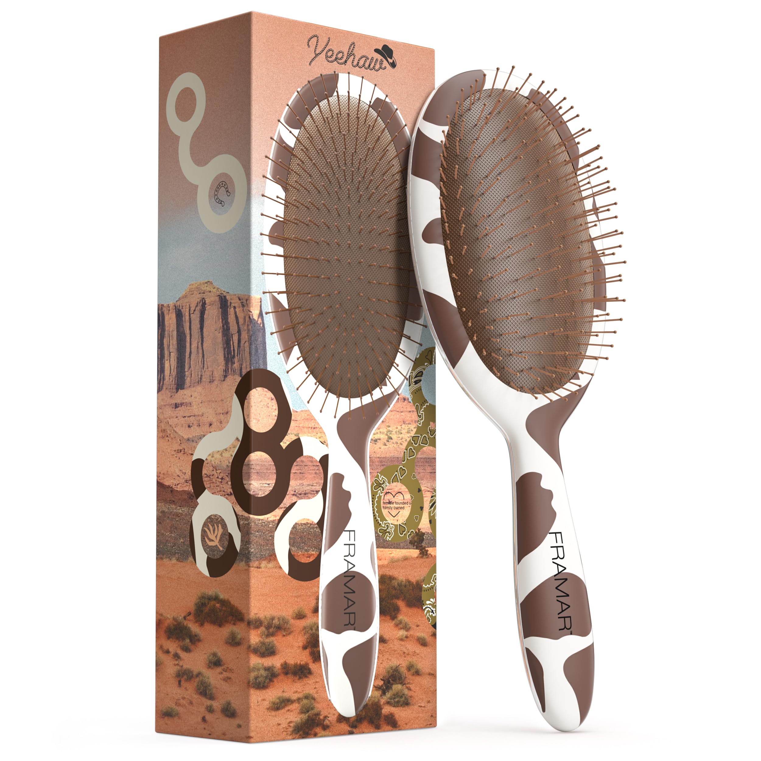 FRAMAR cow-print detangler brush front view for smooth detangling
