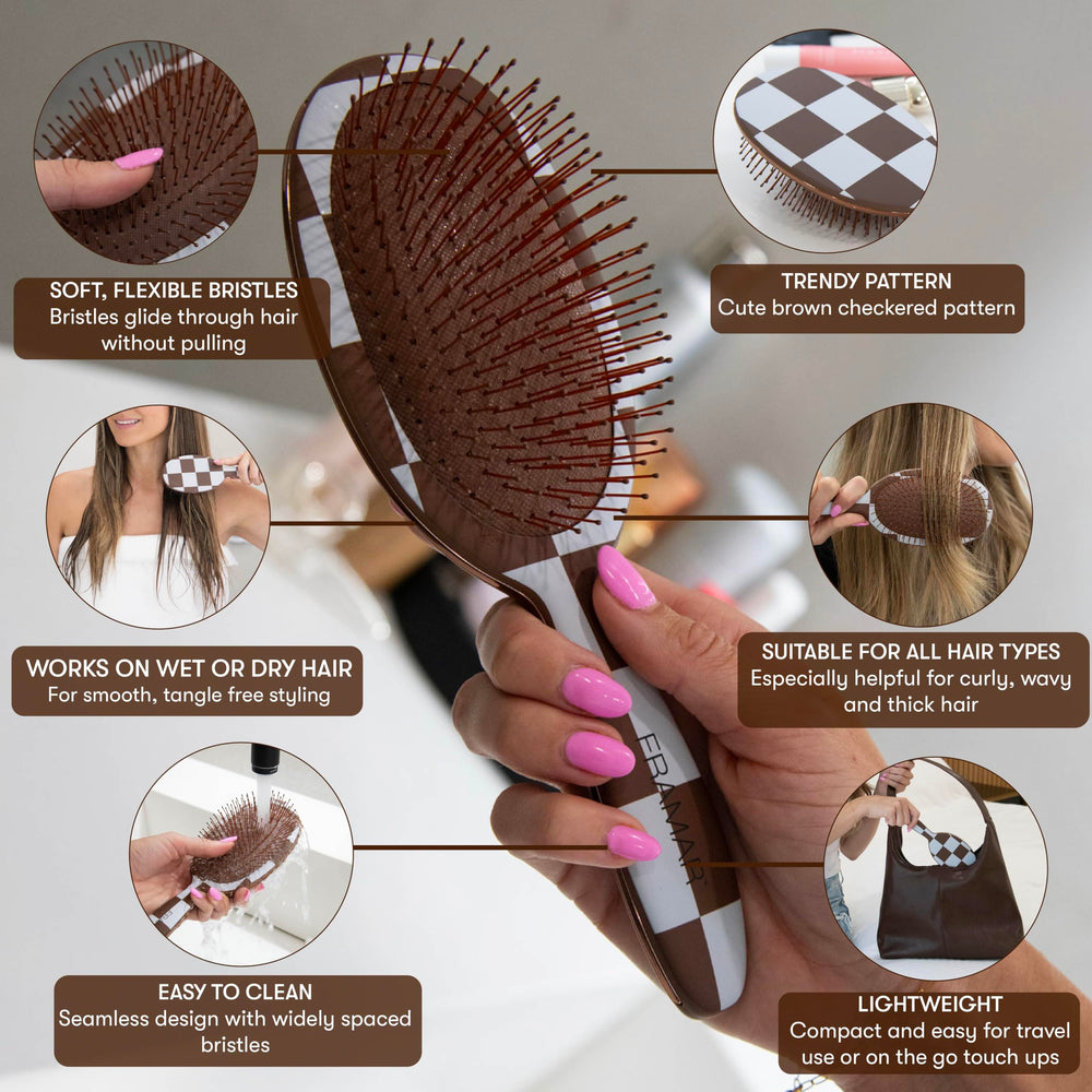 FRAMAR detangler bristles closeup showing flexible tips for sensitive scalps