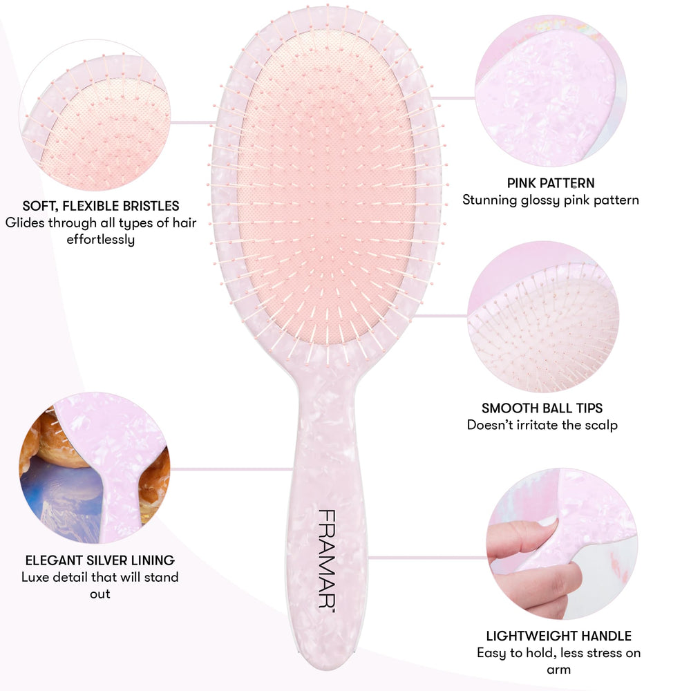 FRAMAR detangler brush knot-free glide reduces breakage while gently detangling.